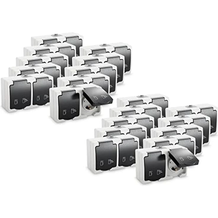 greate 20x Feuchtraum Steckdose Aufputz 2fach mit Klappdeckel IP44, 250V, 16A, 2 polig - Grau - Ideal für Feuchträume und Aussenbereiche – Bild 1