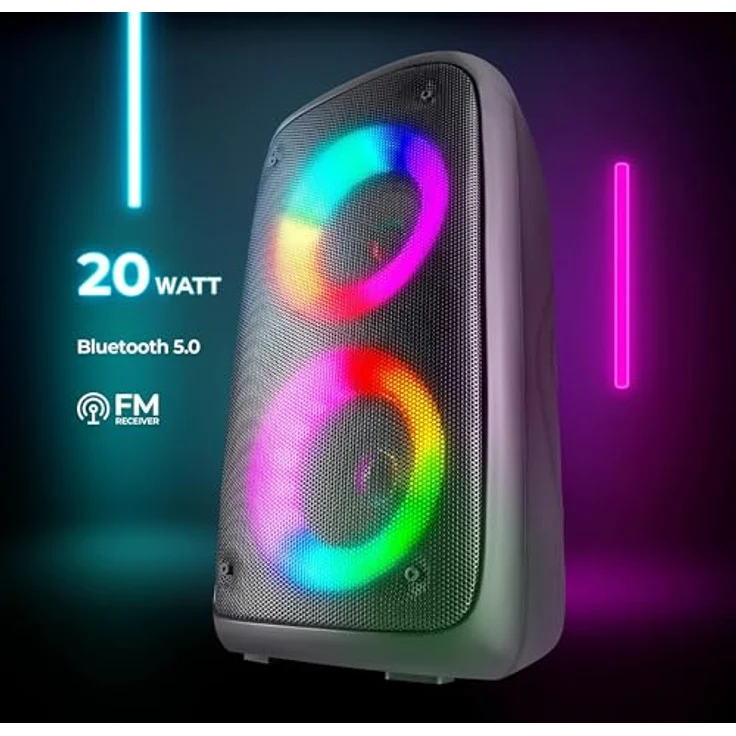 Defender Global Defender® Boomer 20 Bluetooth Lautsprecher mit LED Licht, 20W, TWS Funktion, EQ-Modus, Bluetooth 5.0, USB-C Ladekabel, 5-Modi Lichteffekte, 7-farbige LED-Lichtshow, Karaoke Mikrofon - Schwarz – Bild 2