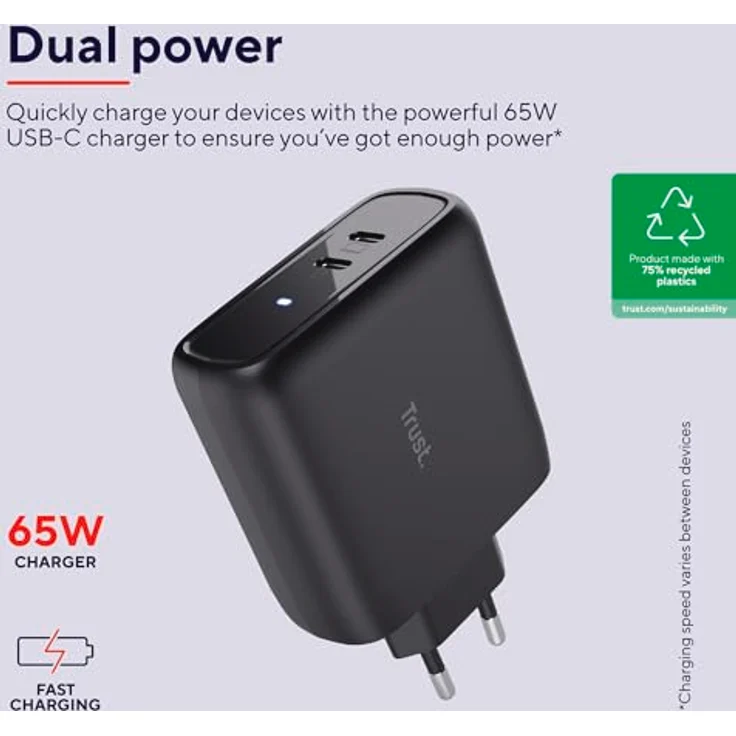 Trust Maxo USB C Ladegerät 65W, 2 USB-C-Anschlüssen, 75% Recycelten Materialien, Schnellladegerät USB-C Stecker, Netzteil für iPhone, iPad, Samsung Galaxy, Steam Deck, Smartphones - Schwarz – Bild 2