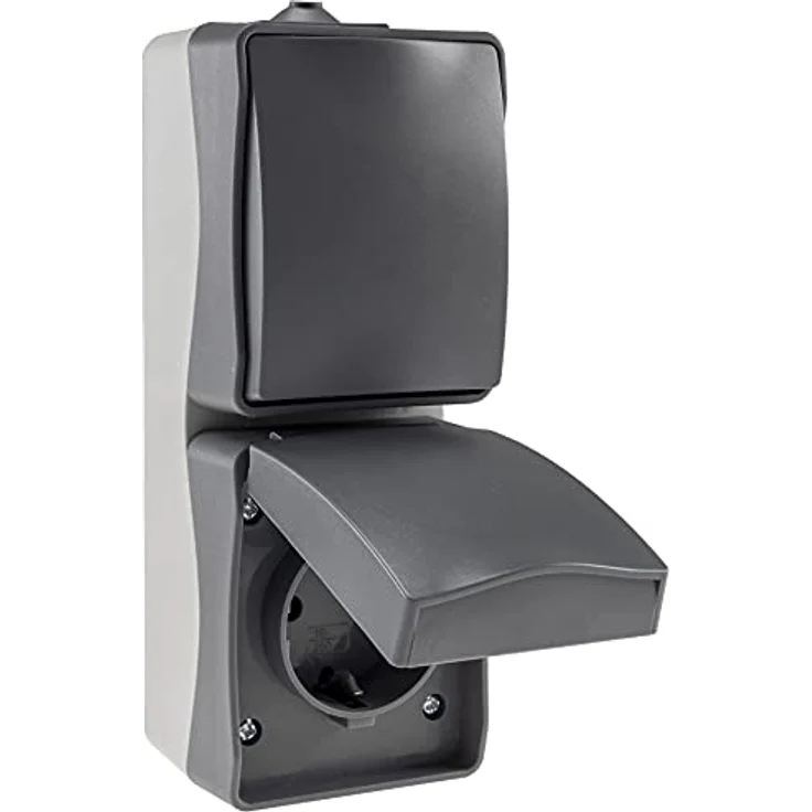 ChiliTec Nuqui Feuchtraum Steckdose Aufputz, Doppelsteckdose IP54 mit Schalter und Klappdeckel, wetterbeständig, vertikal, Grau Anthrazit, 250V – Bild 1