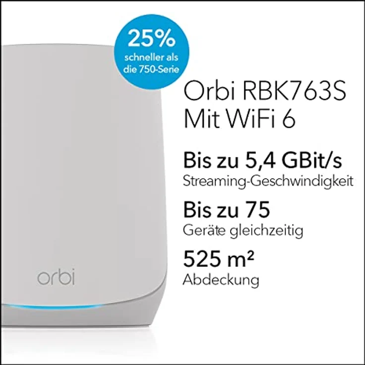 NETGEAR Orbi WiFi 6 Mesh WLAN System (RBK763S) | WiFi 6 Router mit 2 Satelliten-Repeatern | Abdeckung von bis zu 525 m², 75 Geräte | AX5400 bis zu 5,4 GBit/s – Bild 2