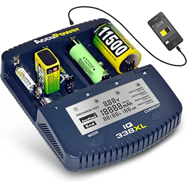 AccuPower Rundzellen-Ladegerät NiCd, NiMH, LiIon IQ338XL 10440, 14500, 16340, 16650, 17355, 17500, 17670, 18490, 18500, 18650 – Bild 2