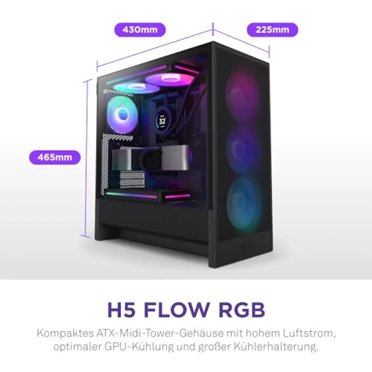 NZXT H5 Flow RGB 2024  – Kompaktes ATX-Mid-Tower-PC-Gaming-Gehäuse – Hoher Luftstrom – F360 RGBCore-Lüfter enthalten – 360 mm Kühlerhalterung vorne und 240 mm Kühlerhalterung Oben – Schwarz – Bild 2