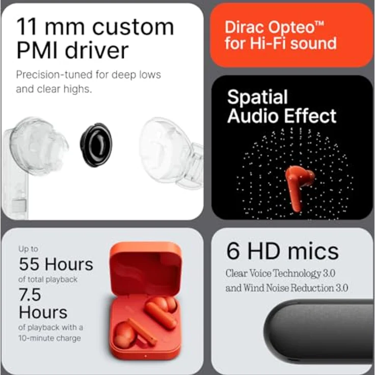 CMF BY NOTHING Buds 2 Kabellose Ohrhörer mit 48 dB Hybrid ANC, 55 Stunden Akkulaufzeit, 11mm PMI Treiber, 6 HD-Mikrofone und Spatial Audio, IP55 Wasserfest – Dunkelgrau – Bild 5