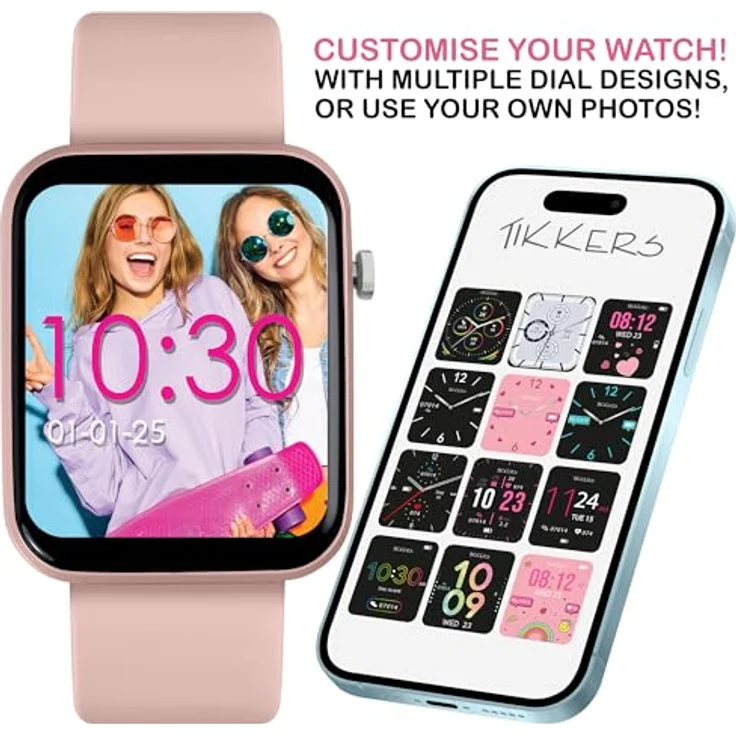 Tikkers Smart Series 13 TKS13-0031-SET, Smartwatch- und Ohrhörer-Set mit Silikonband, rosa, Schrittzähler, Herzfrequenzmesser, Bluetooth 5.2, personalisierbares Zifferblatt – Bild 3