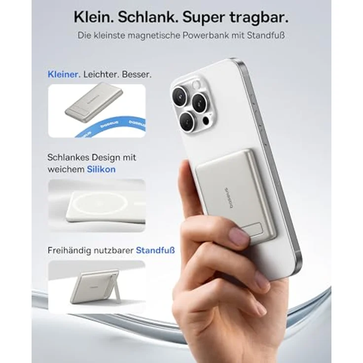 Baseus Mini MagSafe Powerbank 5000mAh, Qi2-zertifiziert mit klappbarem Ständer, PD 20W, USB-C, Wireless, kompatibel mit iPhone 17/16/15/14/13/12/Pro Max, Titan – Bild 2