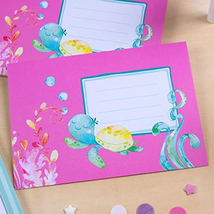 Papierdrachen Briefblock Set - 50 bunt bedruckte Briefbögen - Briefpapier mit Stickerbogen - 20 bedruckte Umschläge - Geschenkidee für Kinder - Meerjungfrau – Bild 5