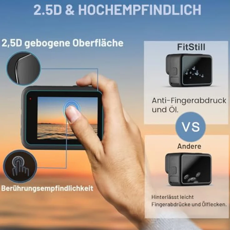 FiTSTILL Displayschutz-Set für GoPro Hero 7/HD (2018)/Hero 6/5 Black, 6er Pack gehärtetes Glas, 9H Härte, hohe Lichtdurchlässigkeit, inkl. Objektivschutz und Deckel – Bild 2