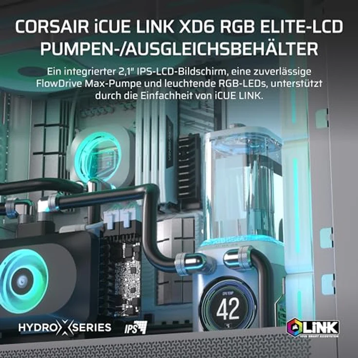 CORSAIR iCUE LINK XD6 RGB ELITE LCD-Pumpen-/Behältereinheit, FlowDrive Max-Pumpe, 480x480 IPS-LCD, integrierter Temperatursensor, 22 RGB-LEDs, Weiß – Bild 2