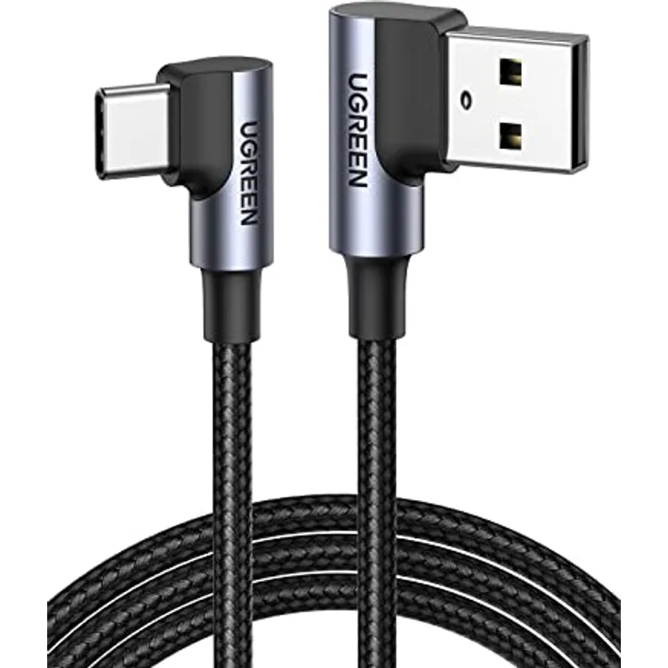 UGREEN USB C Ladekabel Winkel Nylon USB auf USB C Kabel 1M, 90 Grad Winkelstecker, 480 Mbps, Galaxy S24/S24+/S23, Redmi 10, iPhone 15 Pro Max - Schwarz