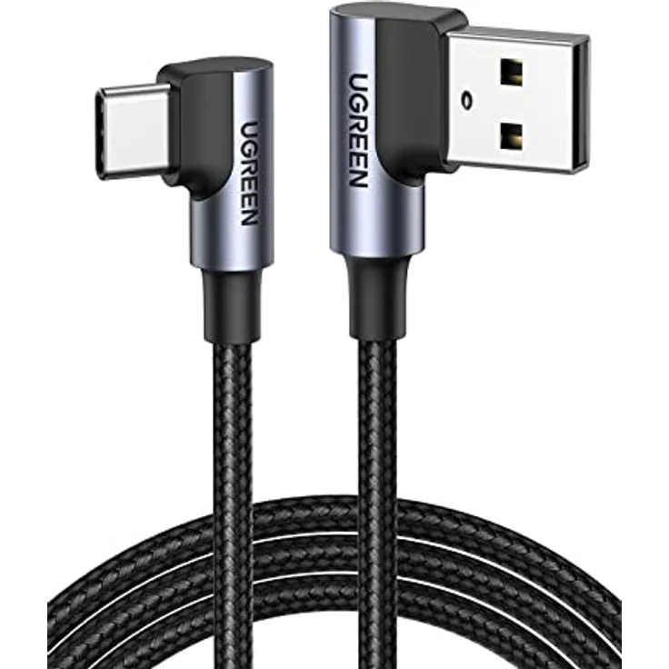 UGREEN USB C Ladekabel Winkel Nylon USB auf USB C Kabel 1M, 90 Grad Winkelstecker, 480 Mbps, Galaxy S24/S24+/S23, Redmi 10, iPhone 15 Pro Max - Schwarz – Bild 1