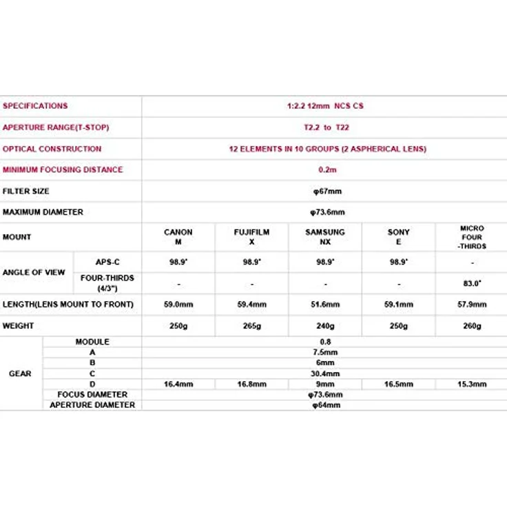 SAMYANG 14012T2.2F 12 mm T2.2 Cine NCS CS Objektiv für Anschluss Fuji X schwarz – Bild 5