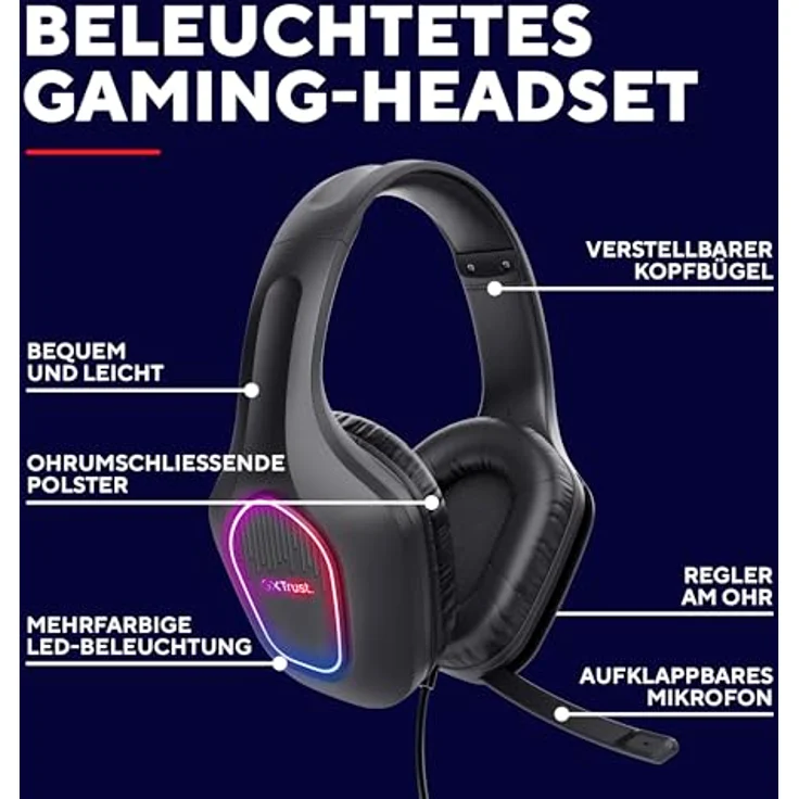 Trust Gaming GXT 419 Rayne Leichtes Gaming Headset für PC/Konsole, Schwarz, USB-betriebene LED Beleuchtung, 50-mm-Treiber, Over-Ear mit Kabel, multiplattformkompatibel – Bild 2