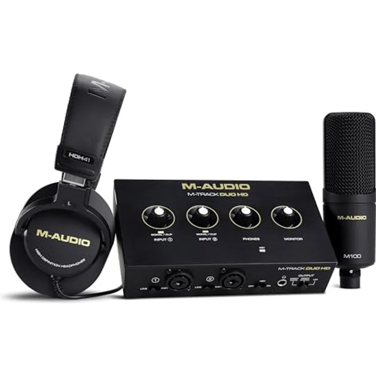 M-Audio M-Track Duo HD Producer Pack, 2-Kanal USB Audio Interface mit M100 Kondensatormikrofon und HDH41 Studio Monitoring Kopfhörern für Aufnahmen, 24-Bit/192kHz, schwarz – Bild 1