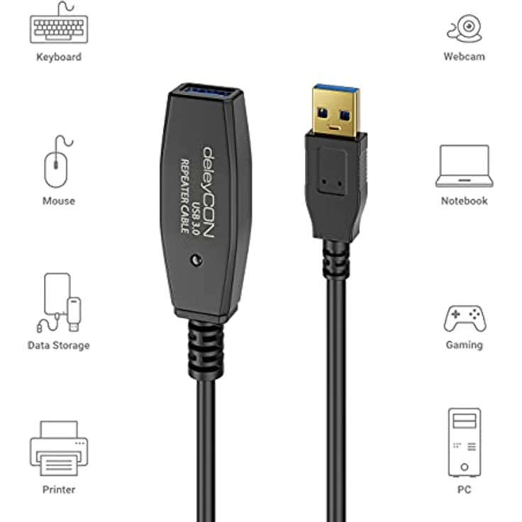 deleyCON 10m Aktives USB 3.0 Kabel, USB3.0 Repeater mit 2 Signalverstärkern und Netzteil, Plug & Play, Schwarz – Bild 4