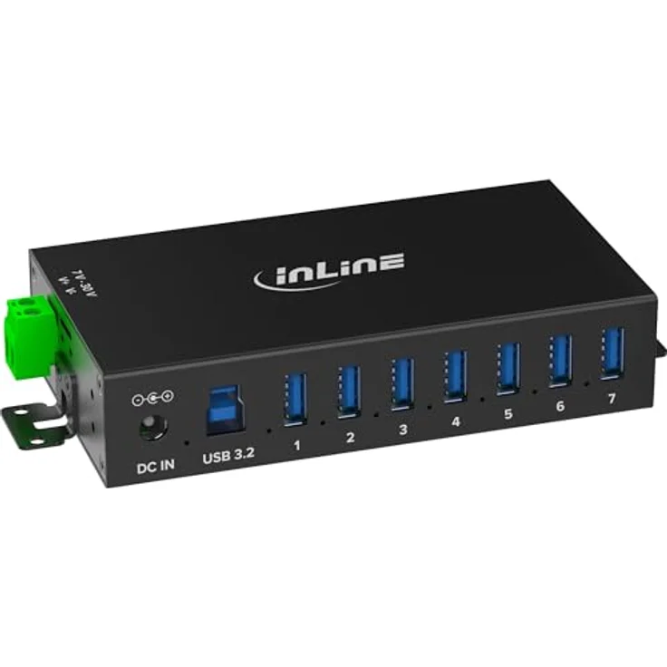 InLine USB 3.2 Gen.1 Industrie-Hub 7 Ports, aktiver Aluminium-Hub mit Netzteil, DIN-Schienen-Montage, 5Gb/s, Schutzfunktionen, 33456B – Bild 1