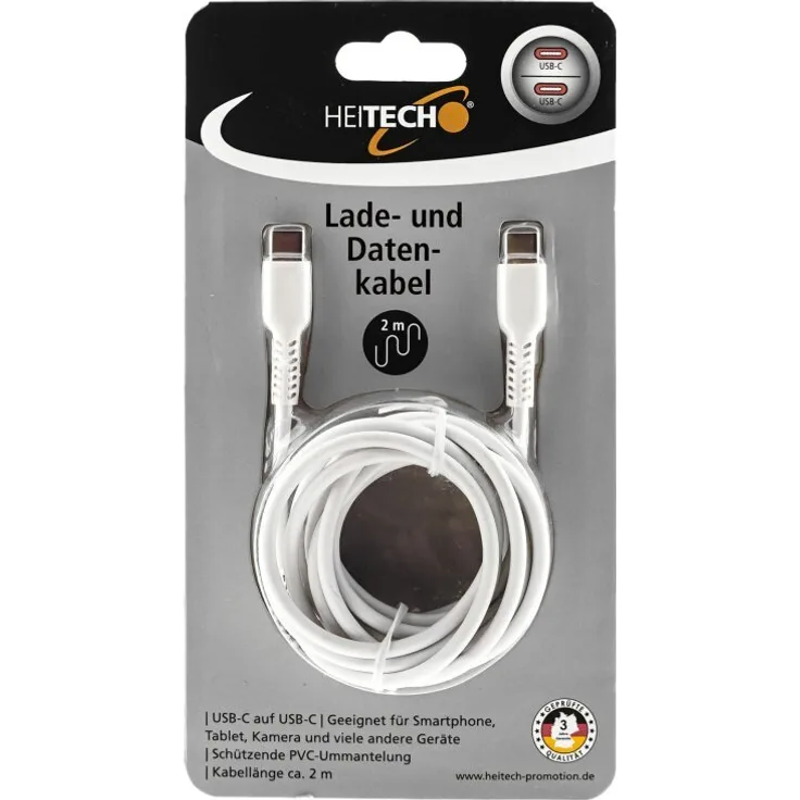 HEITECH Ladekabel USB C auf USB C, 2 m, weiß, für schnelle Datenübertragung und robusten Einsatz