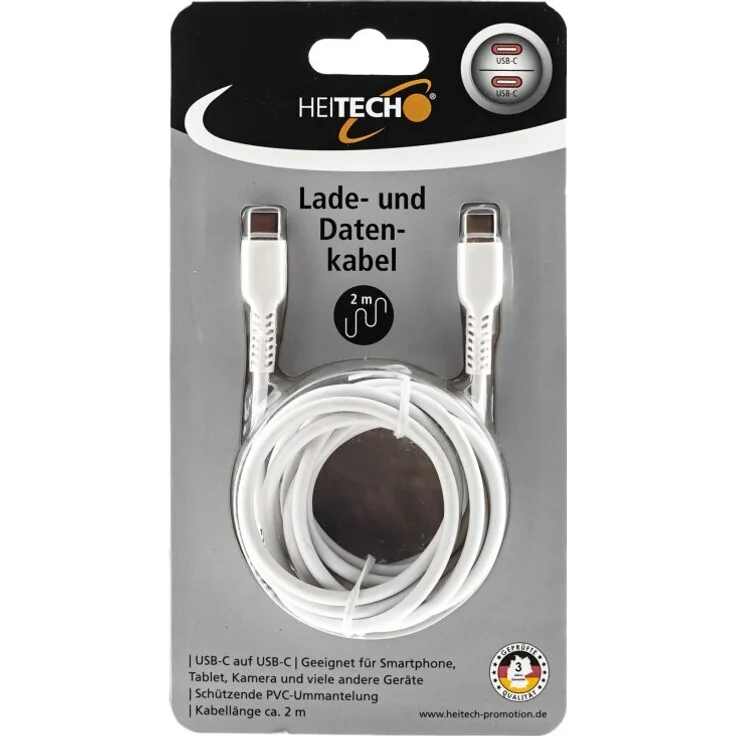 HEITECH Ladekabel USB C auf USB C, 2 m, weiß, für schnelle Datenübertragung und robusten Einsatz