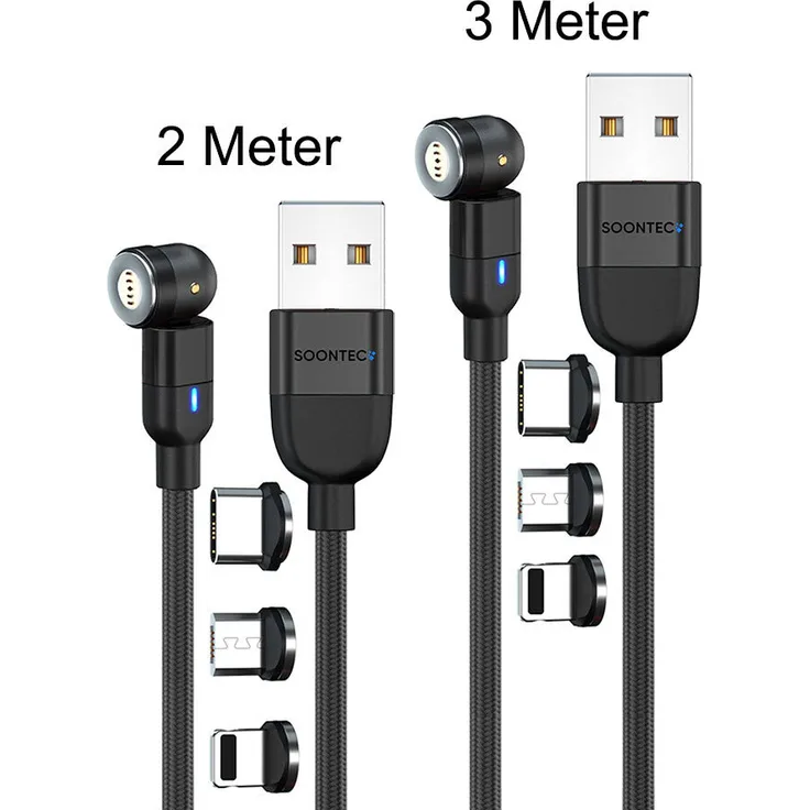 SOONTEC Magnet Ladekabel 2er Set (2m + 3m), drehbar 360° & 180°, mit 6 Steckern (Micro USB/ USB-C/ Lightning), 3,0 A, Schwarz