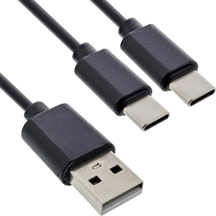 InLine 2in1 Y-Ladekabel, USB-A auf 2x USB-C, bis zu 25W Ladeleistung, kompaktes Doppel-Ladekabel für Gadgets, kein Schnellladen, 1m