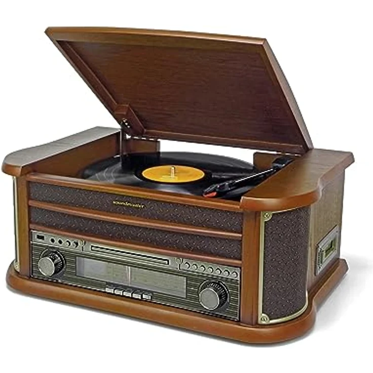 Soundmaster NR560 Nostalgie Stereoanlage mit Plattenspieler Kompaktanlage Bluetooth CD-Player MP3 USB Encoding Kassettenspieler 75-Ohm Anschluss, Schwarz – Bild 1