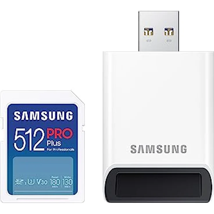 Samsung PRO Plus SD-Karte, 512 GB, UHS-I U3, Full HD & 4K UHD, 180 MB/s Lesen, 130 MB/s Schreiben, Speicherkarte für Kameras und Drohnen, inkl. USB-Kartenleser, MB-SD512SB/WW – Bild 1