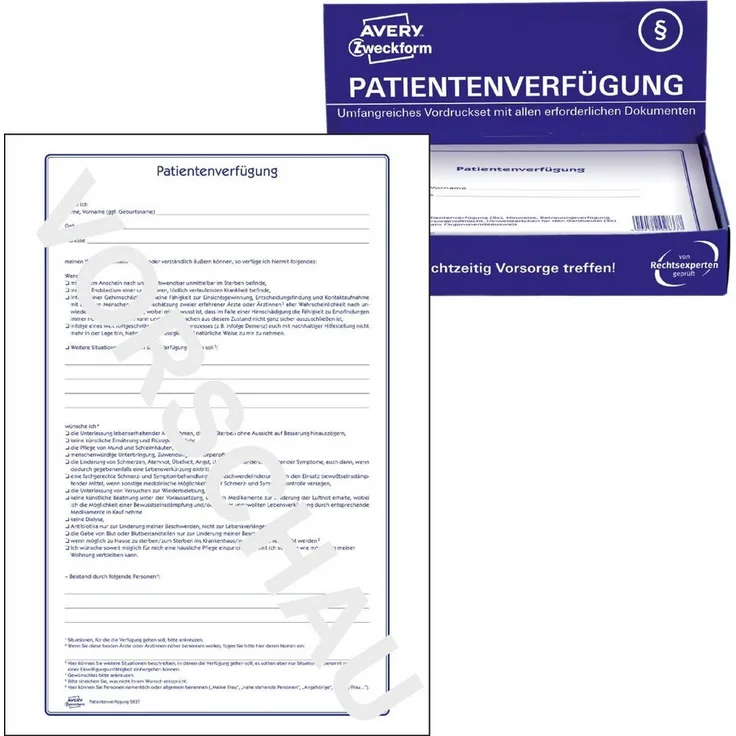 Avery Zweckform Formularblock Patientenverfügung A4, 28 Blatt mit Vordrucken und Hinweiskärtchen, weiß