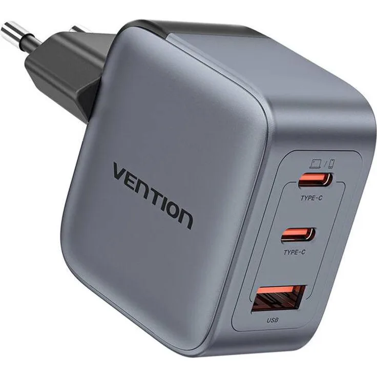 Vention GaN USB-C+C+A 70W Charger, kompaktes USB Ladegerät mit 3 Ports und umfassendem Schutzsystem, Grau