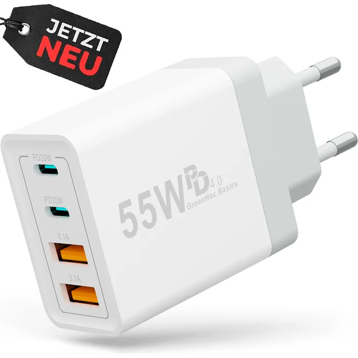 GreenHec 55W Quarto Charger mit 60W USB-C Kabel - USB-C Ladegerät, Netzteil Stecker mehrfach schnellladen - 4in1 Ladestecker Power Adapter für Apple iPhone iPad Google Samsung