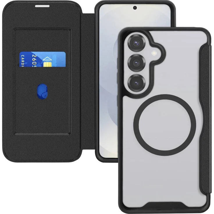 4Smarts Booklet für Samsung Galaxy S26, Schwarz-Transparent, Induktives Laden, Kartenfach, präzise Aussparungen