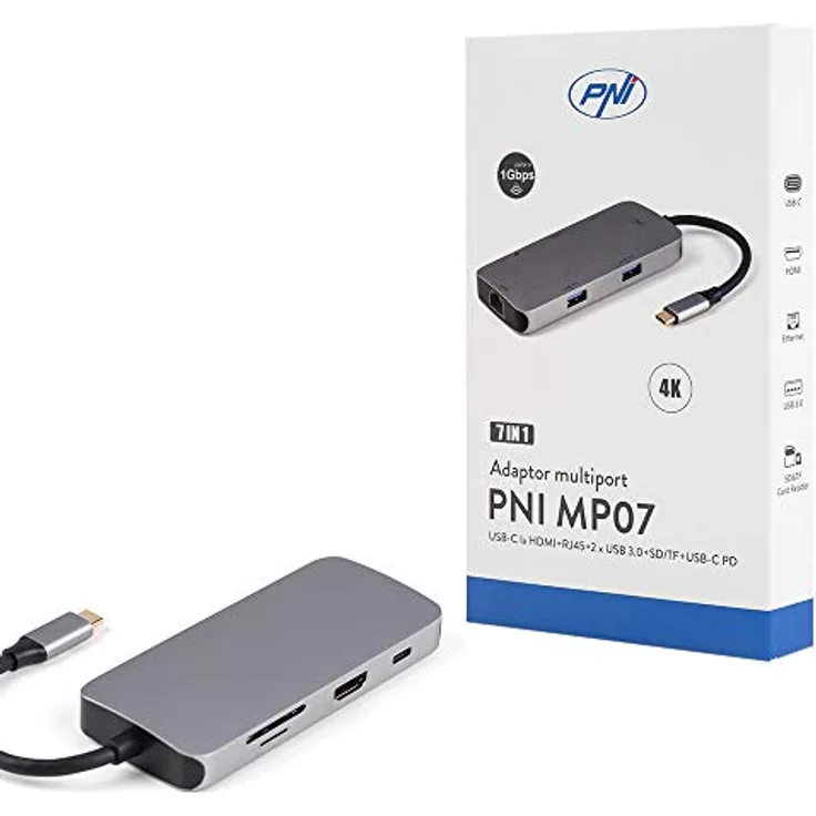PNI Multiport-Adapter MP07 USB-C zu HDMI, 2 x USB 3.0, RJ45, SD/TF, USB-C PD, 7 Ausgänge