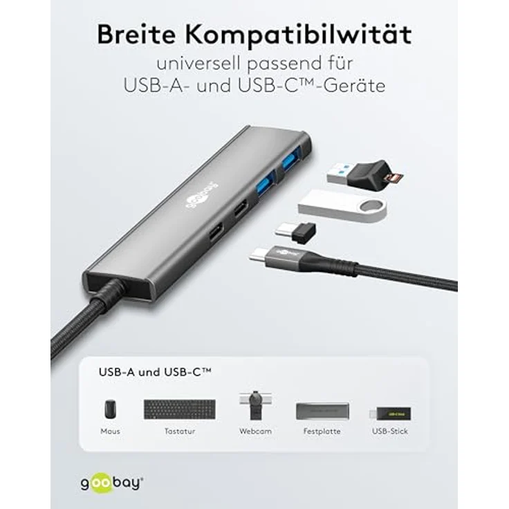 goobay USB-C Hub 76563, 4-Port 3.2 Adapter mit 5Gbit/s, 2x C und 2x A Ports, Slim Aluminium Design für MacBook, Windows, Laptop, Tablet & Smartphone – Bild 5
