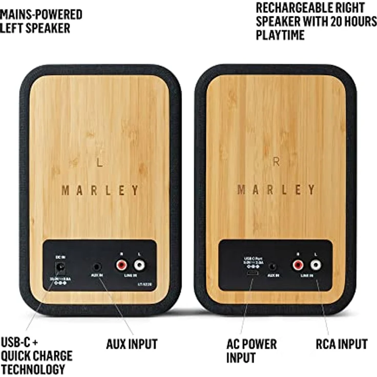 House of Marley Get Together Duo Bluetooth Lautsprecher Bambus - Nachhaltig hergestellte Regallautsprecher, PC Lautsprecher, Soundbar, Netz/25 Std Akku, High-Definition Verstärker, Amazon Exklusiv – Bild 3