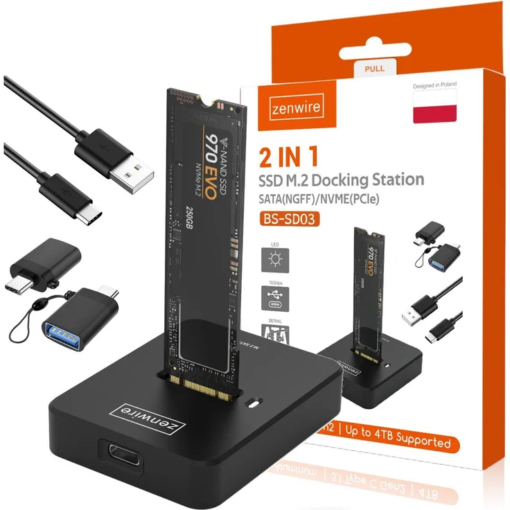 ZENWIRE SSD-Adapter M.2 NVMe/SATA, USB-C 3.1 Gen2, 10 GB/s, Schwarz, Plug & Play, kompakt, unterstützt bis zu 2 TB