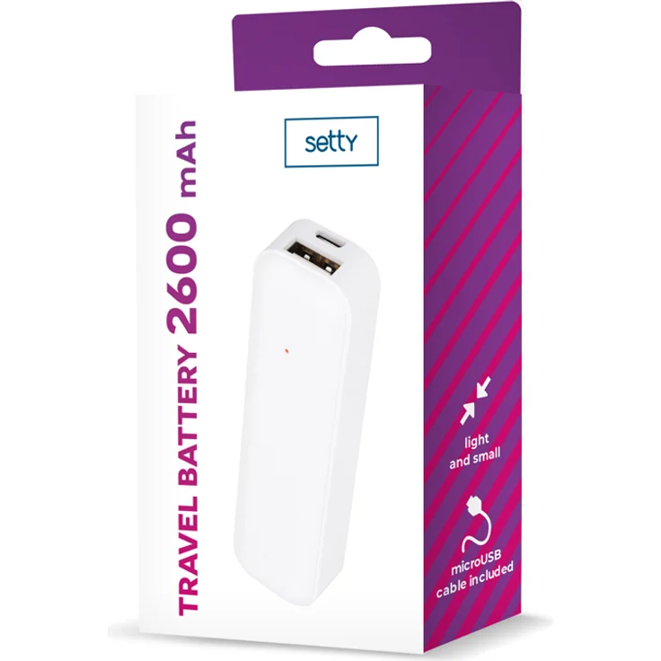 Setty Powerbank 2600 mAh Mini, kompakt in Weiß mit Micro-USB Kabel, ideal für Reisen und Handtasche