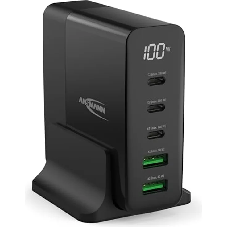 ANSMANN 5-Port USB Ladegerät mit bis zu 140 W/Power Delivery und Quick Charge 3.0 - Smart IC Technologie, integriertes Display, 5 starke Ports - ideal für Smartphone, Tablet, Tischventilator, LED-Geräte, etc.