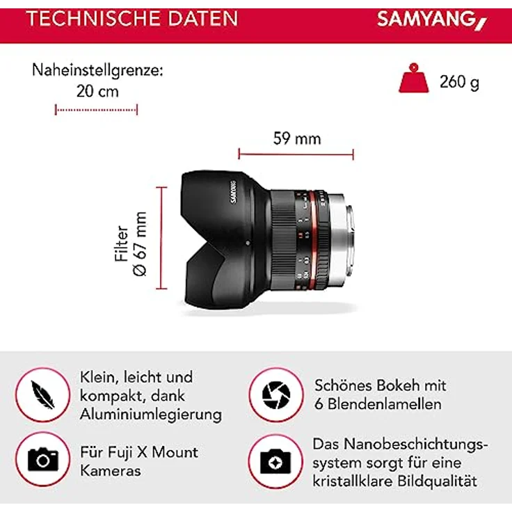 Samyang 12-2,0 Objektiv APS-C Fuji X manueller Fokus Fotoobjektiv, Weitwinkelobjektiv schwarz – Bild 2