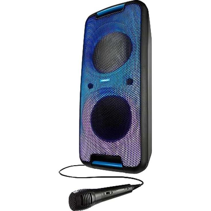 MEDION P61080 Party-Soundsystem (Partylautsprecher inkl. Mikrofon, Karaoke, Akku, Bluetooth, True Wireless Stereo, 2X 450 Watt, Farbige LED, 2X USB, 2X AUX, 2X Mikrofonanschluss, Kompaktanlage) – Bild 1
