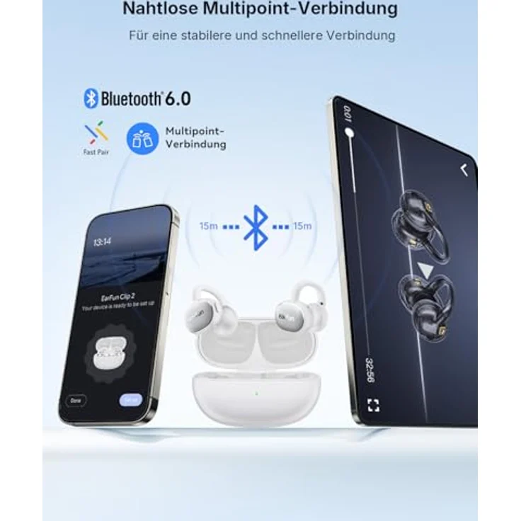 EarFun Clip 2 Weiß Open-Ear Bluetooth-Kopfhörer, Clip-On Earbuds, Hi-Res Audio mit LDAC, 12-mm-Titan-Treiber, 40 Std. Akku, IP55 – Bild 9