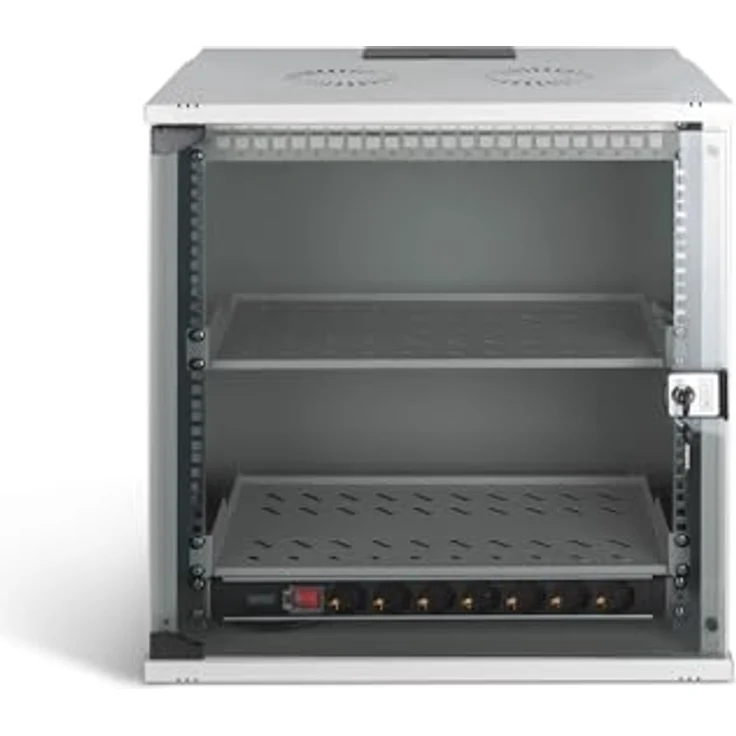 DIGITUS 19 Zoll Netzwerk-Set, 12HE Netzwerkschrank mit 2 Fachböden, 24-Port Patch Panel, 24 Keystone Module, 30 Patchkabel, Steckdosenleiste, unmontiert, SOHO PRO-Serie, Grau – Bild 4
