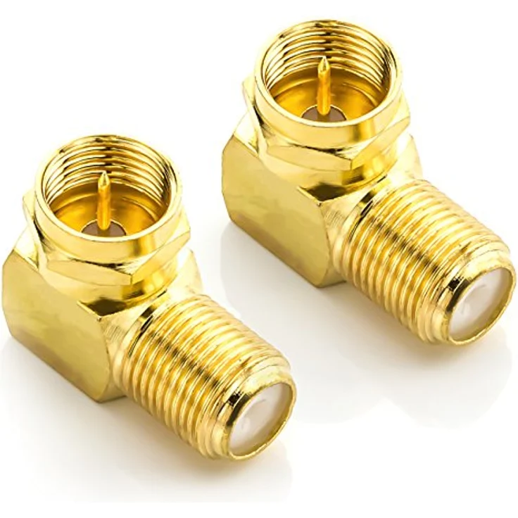 deleyCON 2 Stück Sat-Winkel-Adapter Set 90° Grad, vergoldet, F-Stecker auf F-Kupplung, ideal für begrenzte Platzverhältnisse – Bild 1