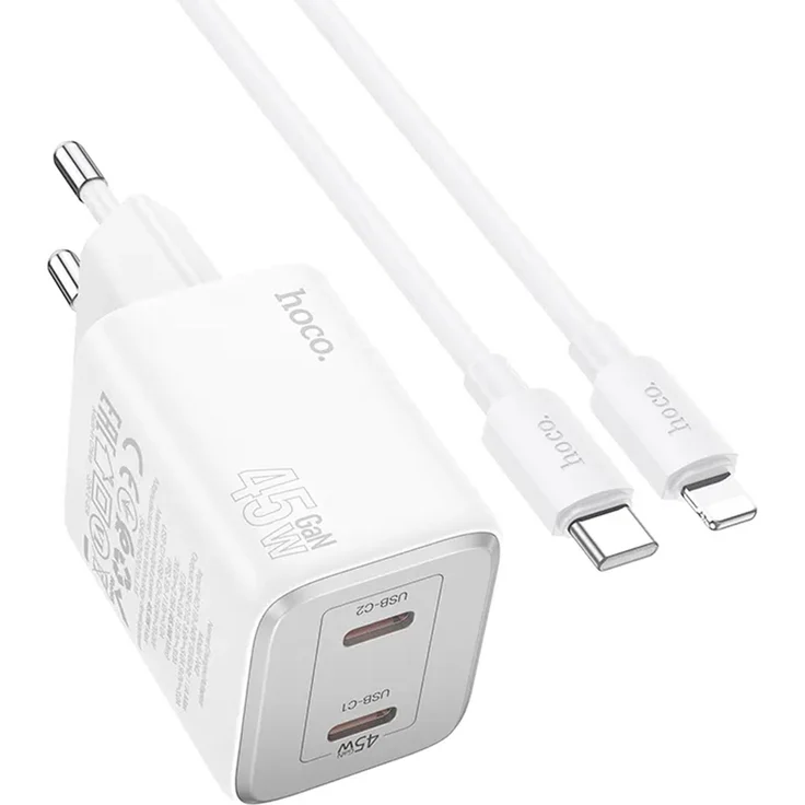 Hoco N42 GaN 45W, USB-C Schnell Ladegerät mit QC 3.0 und 1m Kabel für iPhone/iPad/iPod, weiß