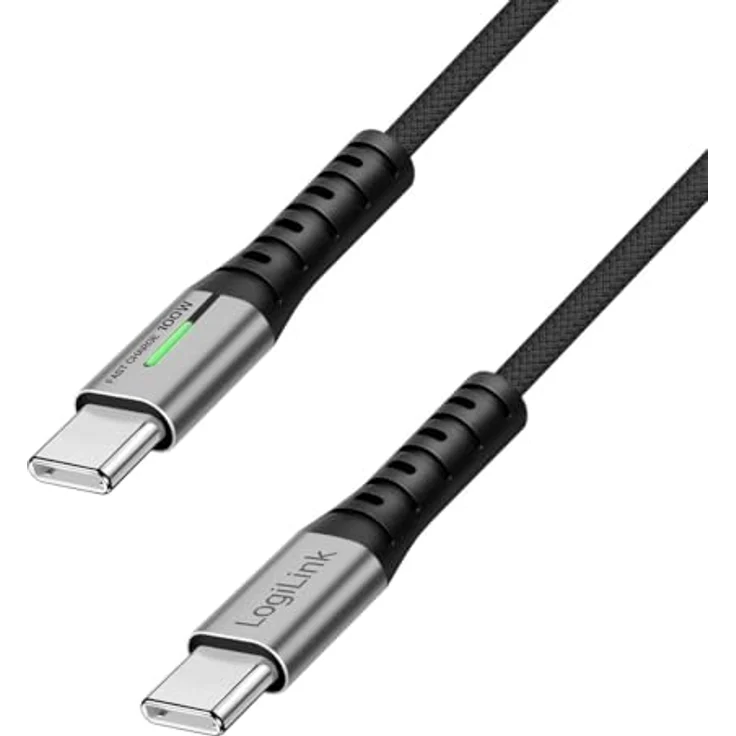 LogiLink USB Typ-C Anschlusskabel, Stecker-Stecker, Nylon, E-Mark Chip, 480 Mbit/s, 100W, LED, 0,5 m – Bild 1