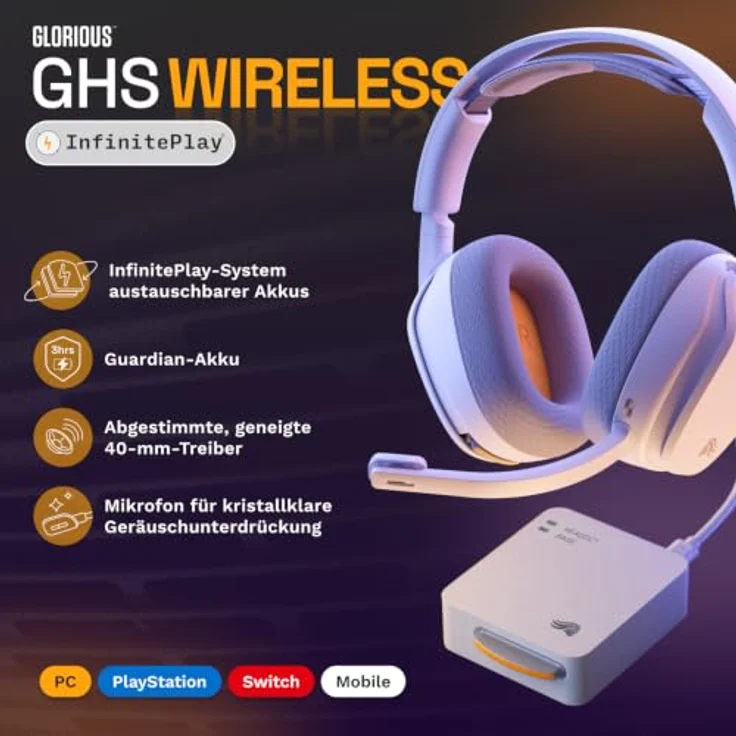 Glorious GHS Wireless InfinitePlay, Kabelloses Gaming-Headset mit dualem Audio und geräuschunterdrückendem Mikrofon, Weiß – Bild 2