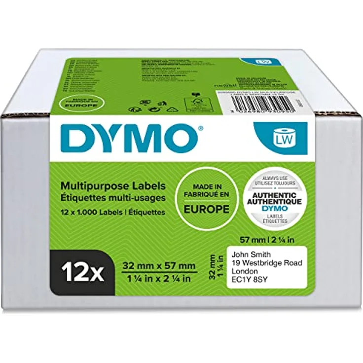 DYMO Original LabelWriter Mehrzwecketiketten | 32 mm x 57 mm | 12 Rollen mit je 1.000 leicht ablösbaren Etiketten (12.000 Etiketten) | selbstklebende Etiketten| für LabelWriter-Beschriftungsgerät