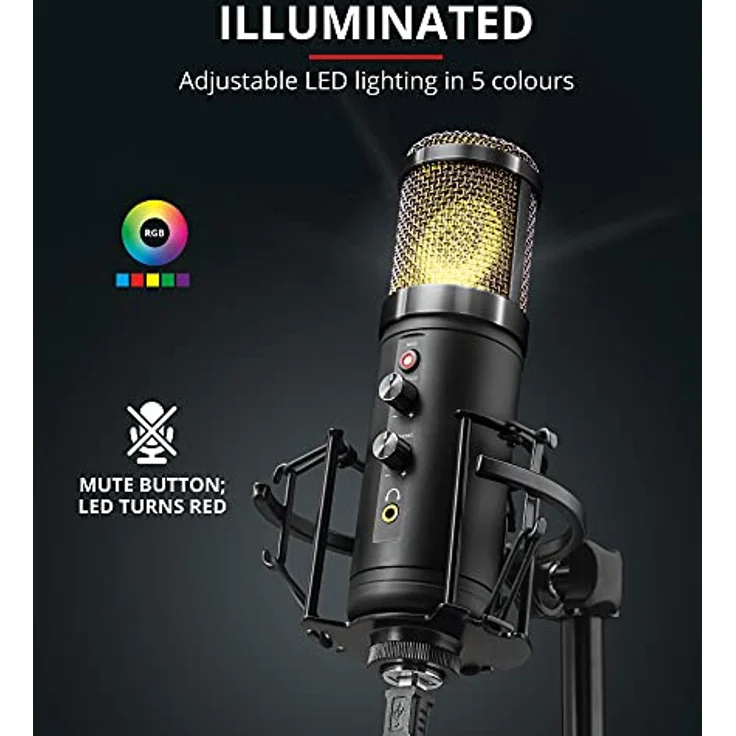 Trust GXT 256 Exxo USB Gaming Mikrofon für PC und PS4 (mit Ständer, Kopfhöreranschluss und Kondersator, RGB LED, für Streaming, Podcast) - schwarz – Bild 4