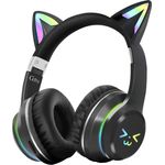 Avizar Bluetooth Kopfhörer Leuchtende Katzenohren, Schwarz, kabellos mit RGB Beleuchtung und Micro-SD-Kartensteckplatz