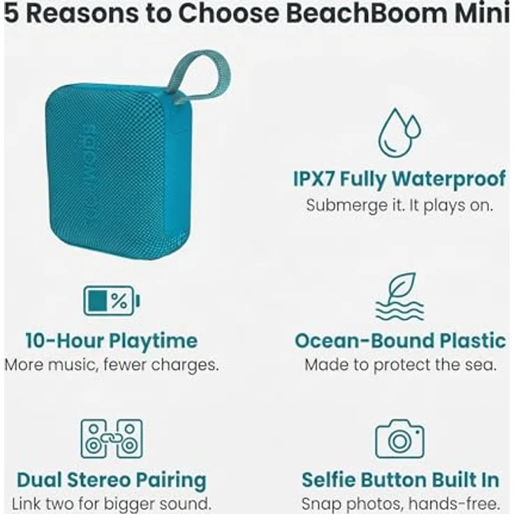 Boompods Beachboom Mini Black, Bluetooth Lautsprecher mit IPX7 Wasserfestigkeit, Selbstaufnahme-Taste und Dual-Pairing, Schwarz – Bild 2