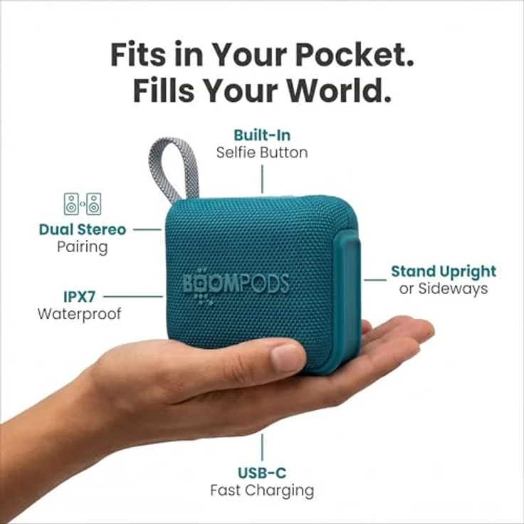 Boompods Beachboom Mini Black, Bluetooth Lautsprecher mit IPX7 Wasserfestigkeit, Selbstaufnahme-Taste und Dual-Pairing, Schwarz – Bild 4
