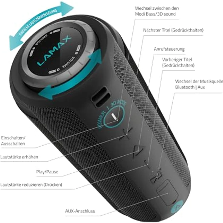 LAMAX Sounder2 Max Bluetooth 5.0 Lautsprecher, 50W, 360° Klang, wasserdicht gemäß IP67, bis zu 20 Stunden Musikerlebnis, BeatBass®, BeatShare®, AUX, USB-C, Schlaufe zum Aufhängen – Bild 4